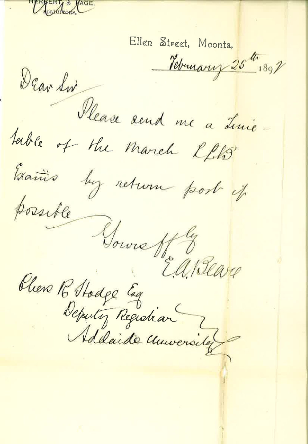 Edwin Arthur Beare - Moonta - Asking for Timetable for LLB examination