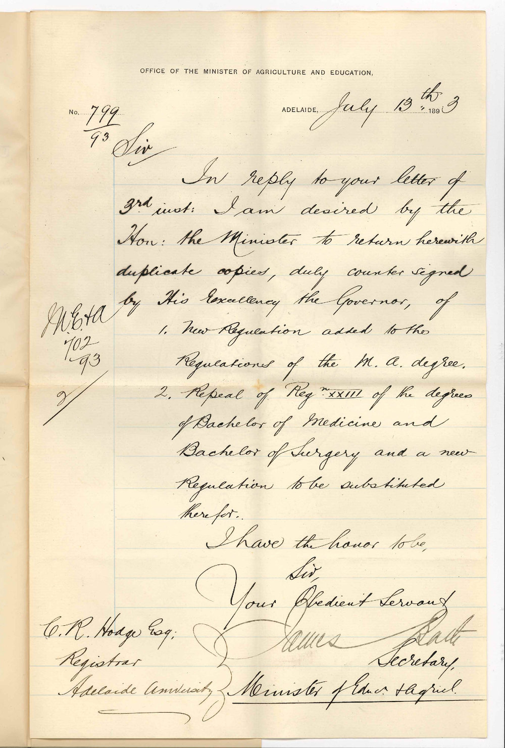 James Bath - Secretary - Office of the  Minister of Education and Agriculture - Forwarding Regulations Countersigned by the Governor