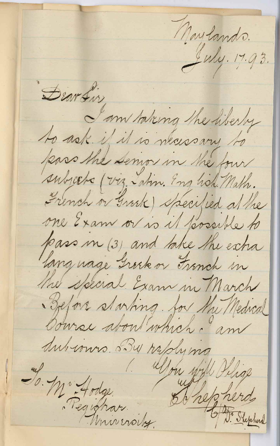 T Shepherd - Maylands - Information Preliminary Examination for Intending Medical Students