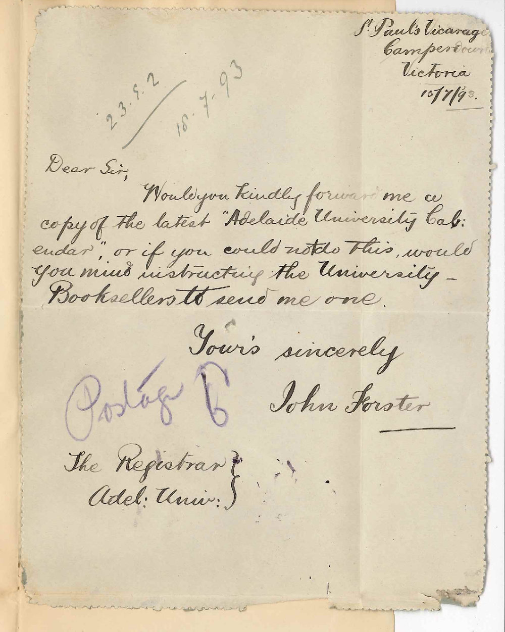 John Forster - St Pauls Vicarage - Camperdown Victoria - Requests University Calendar etc