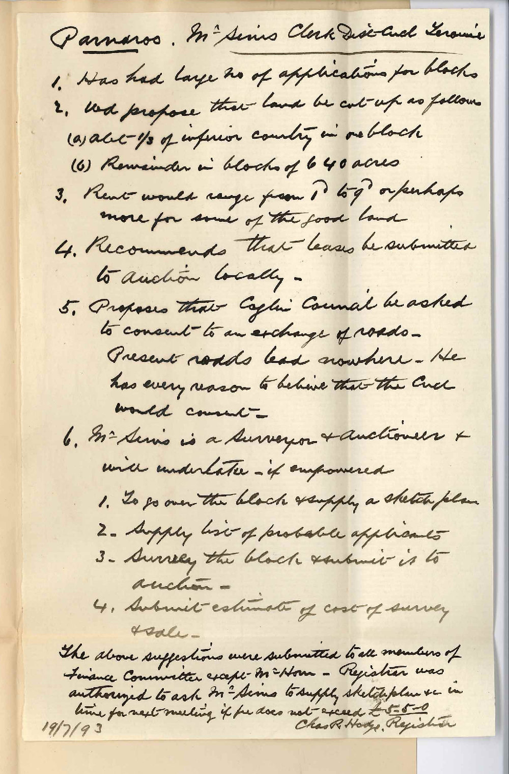 H G Sims - Clerk and Surveyor - Terowie District Council - Regarding University Block at Parnaroo