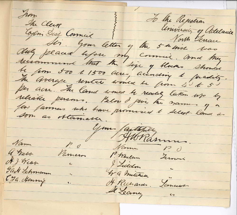 H W Rasmus - Clerk - Coglin District Council Coglin - Regarding University Lands at Parnaroo