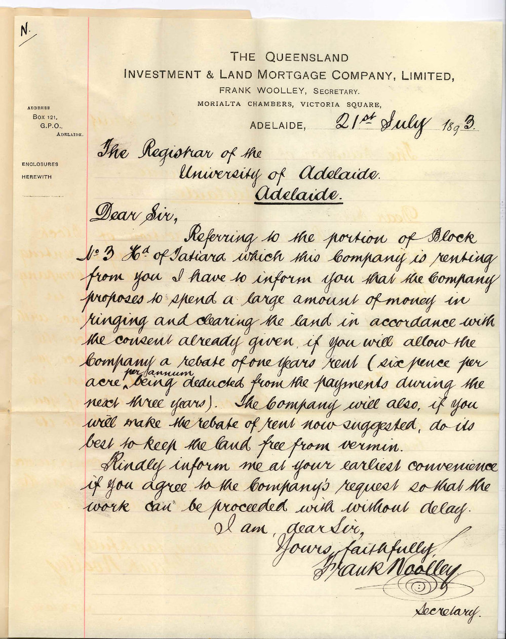 Frank Wooley - Secretary - Queensland Investment and Land Mortgage Company - Morialta Chambers Victoria Square Adelaide - Wish Rebate of Rent 6d per acre for Three Years