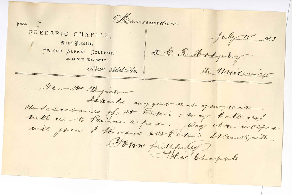 Frederic Chapple - Warden of the Senate - Prince Alfred College - Correspondence Regarding Deputation to Minister of Education about University Scholarships