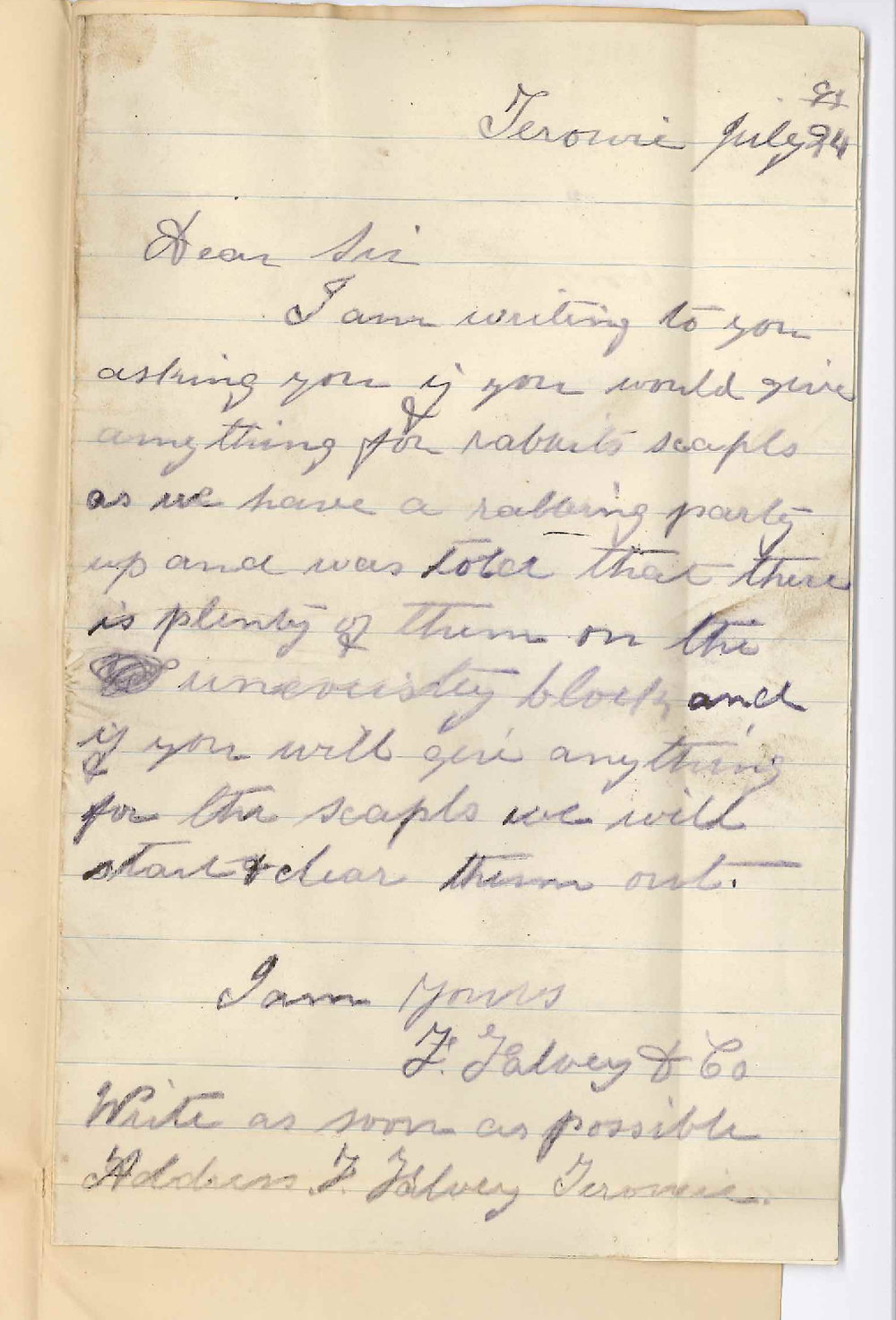 F Falvey and Company - Terowie - Wishes to Know if University Will Give Anything for Rabbit Scalps