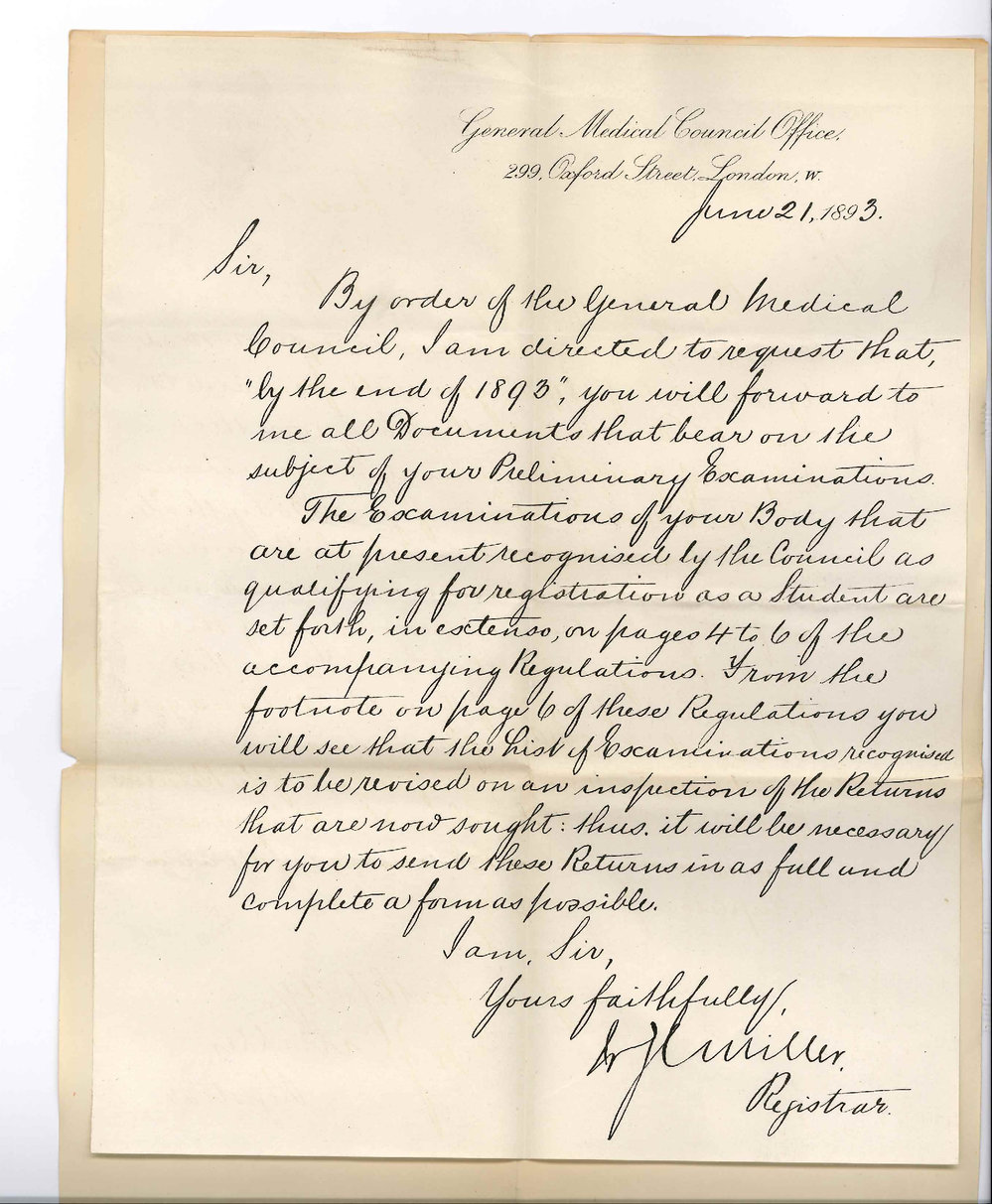 Dr J C Miller - Registrar - General Medical Council Office - London - Requesting all Documents that Bear on the Preliminary Examination for Medical Students
