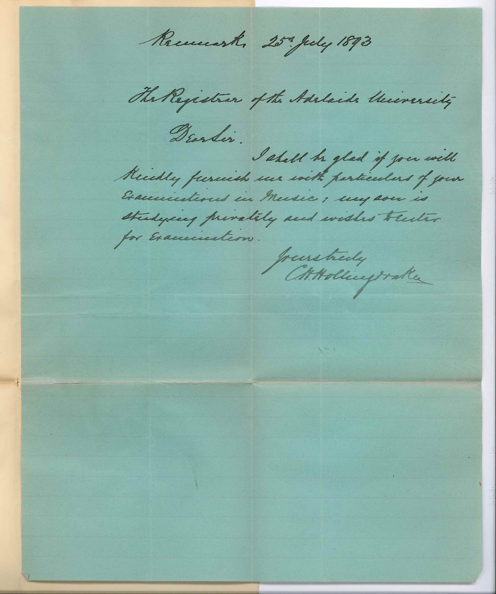 C H Hollingdrake - Renmark - Requests Particulars of Music Examinations