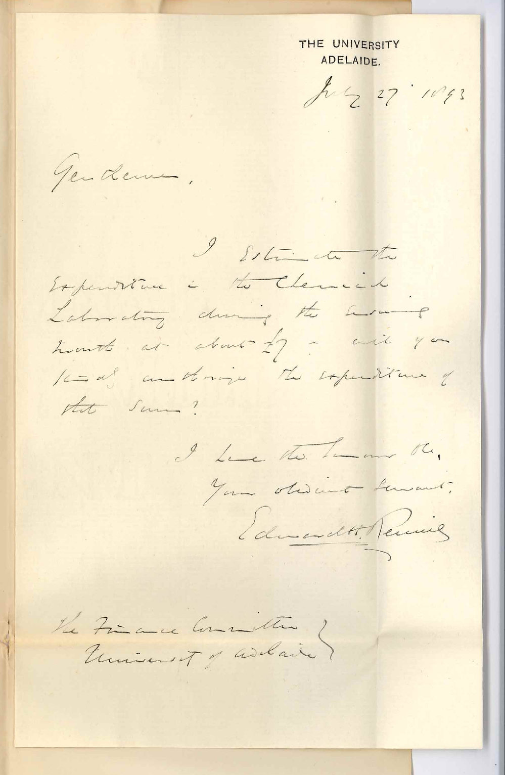 Professor Edward Henry Rennie - The University - Estimated Expenditure for August 1893