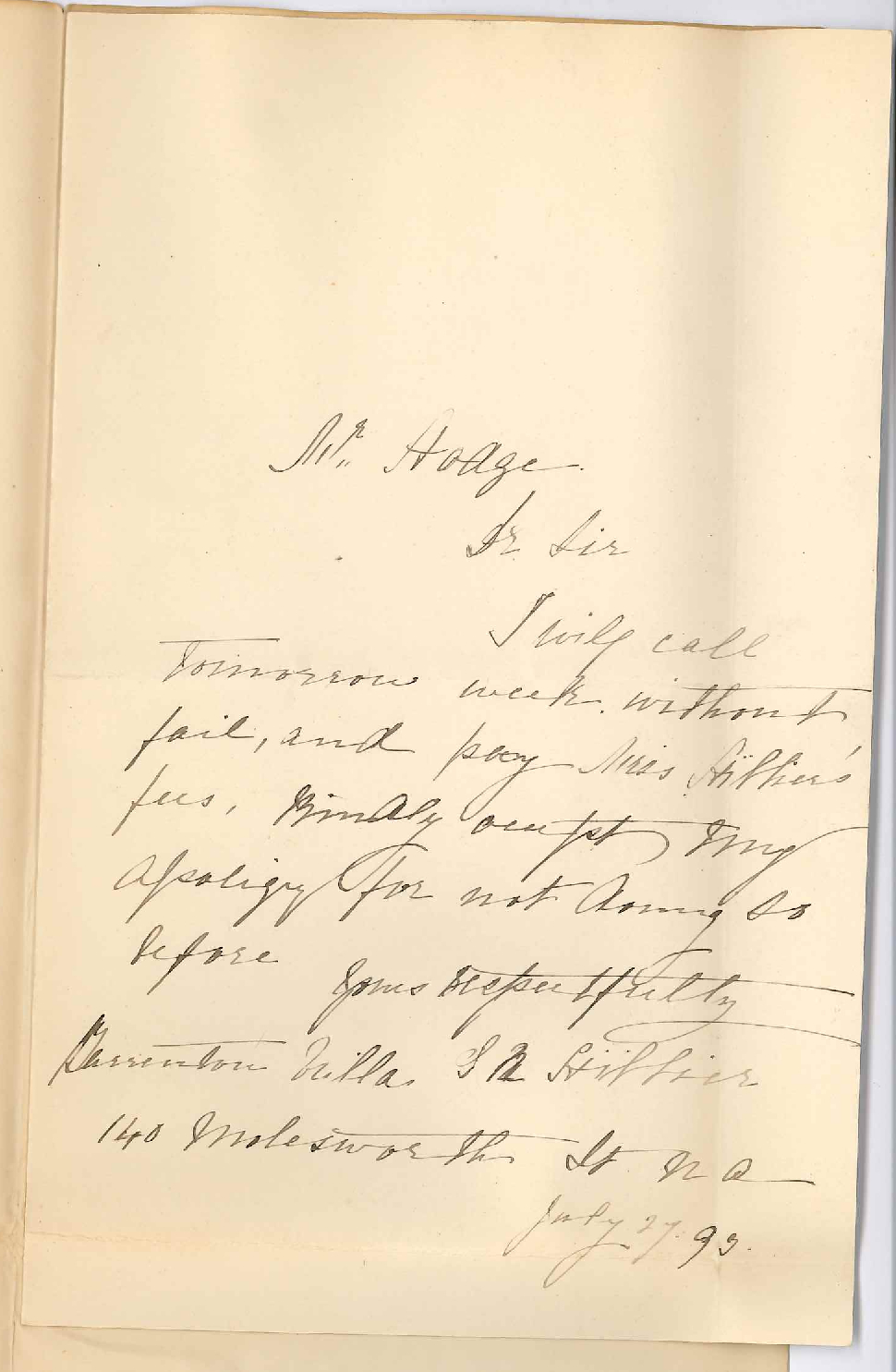 Mrs S R Hillier - North Adelaide - Will Pay Daughter's Music Fees in One Week from Date - Jessie Madeline Dale Hillier