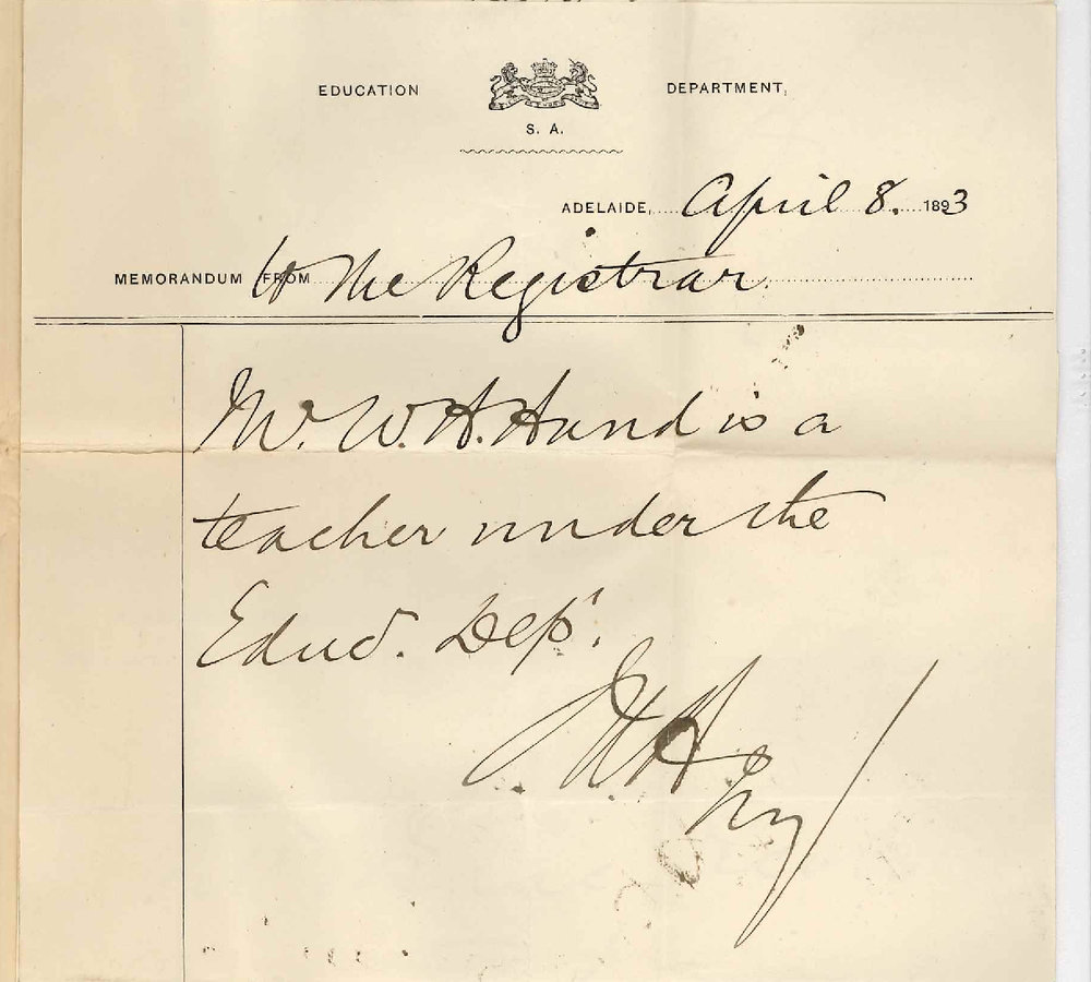 Inspector General of Schools - General Post Office Adelaide - Certifying Miss M L Berry and Messrs Isaac Jacobs and W H Hand are Teachers Under the Education Department