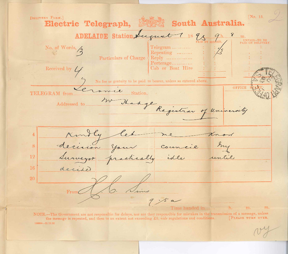 H C Sims - Clerk and Surveyor - District Council of Terowie - Wishes to Know Councils Decision Regarding University Lands at Parnaroo (Telegram)