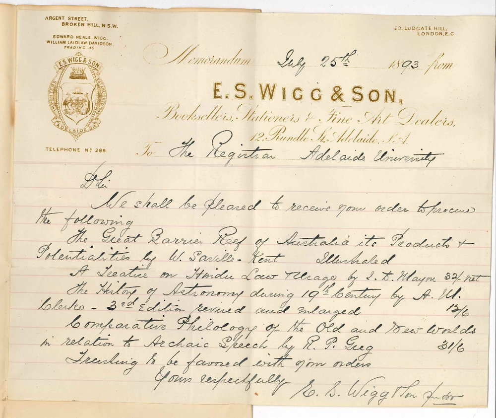 E S Wigg and Son - Rundle Street Adelaide - Forwarding List of New Books