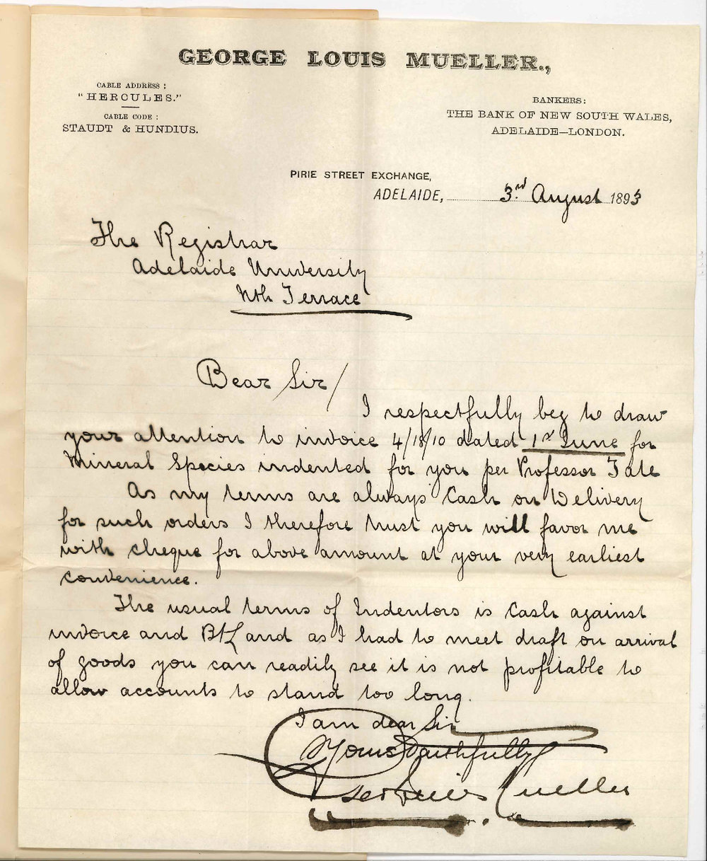 George Louis Mueller - The Exchange - Pirie Street Adelaide - Asks for Payment of Account for Mineral Species