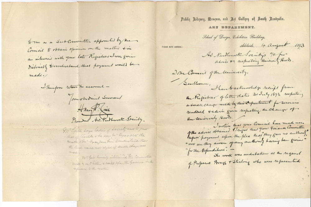 Harry P Gill - President Art Needlework Society - School of Design Exhibition Building - Regarding Charge Made by the Department Respecting Advice Upon Hoods and Refusal to Pay