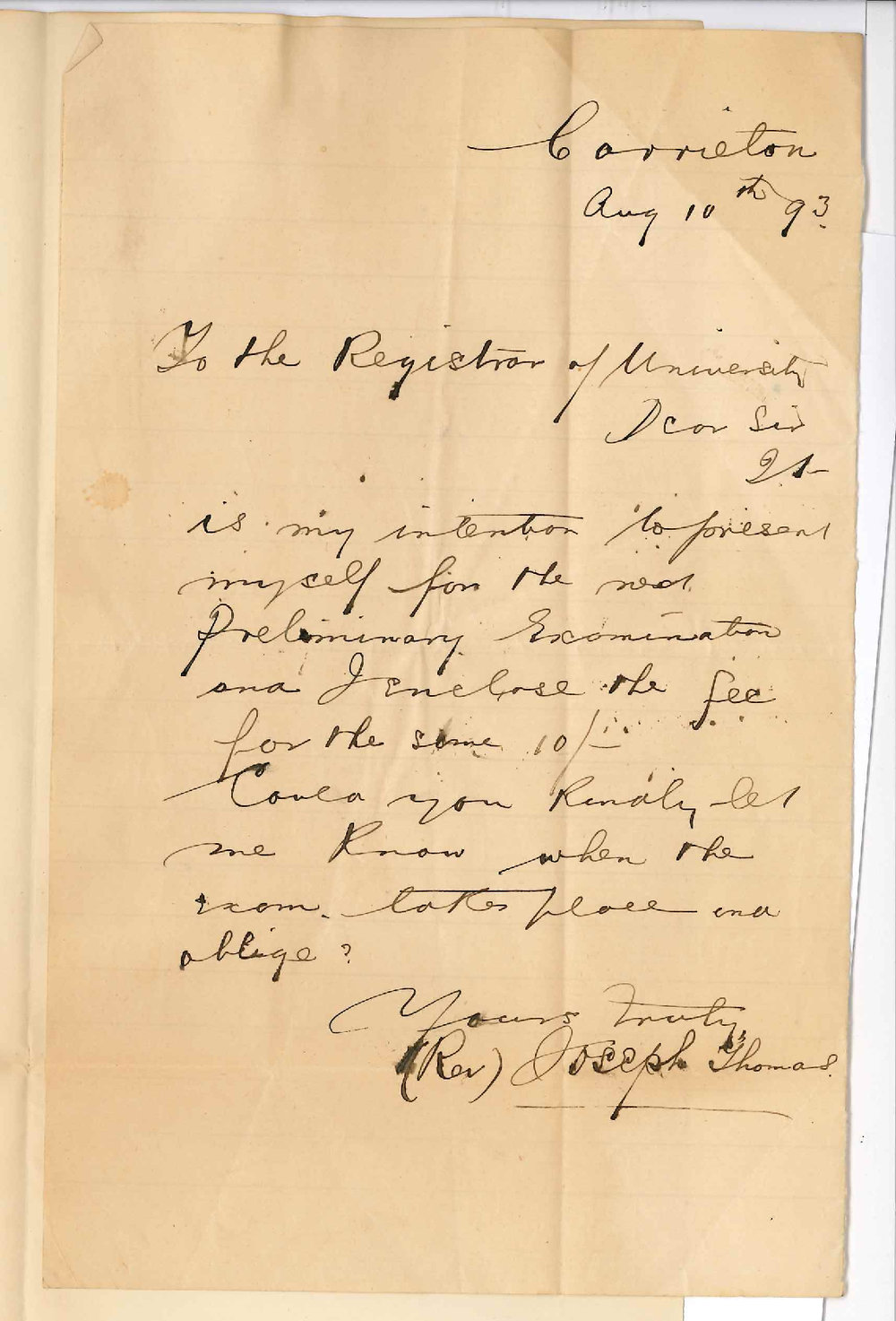 Reverend Joseph Thomas - Carrieton - Entry for Preliminary Examination etc