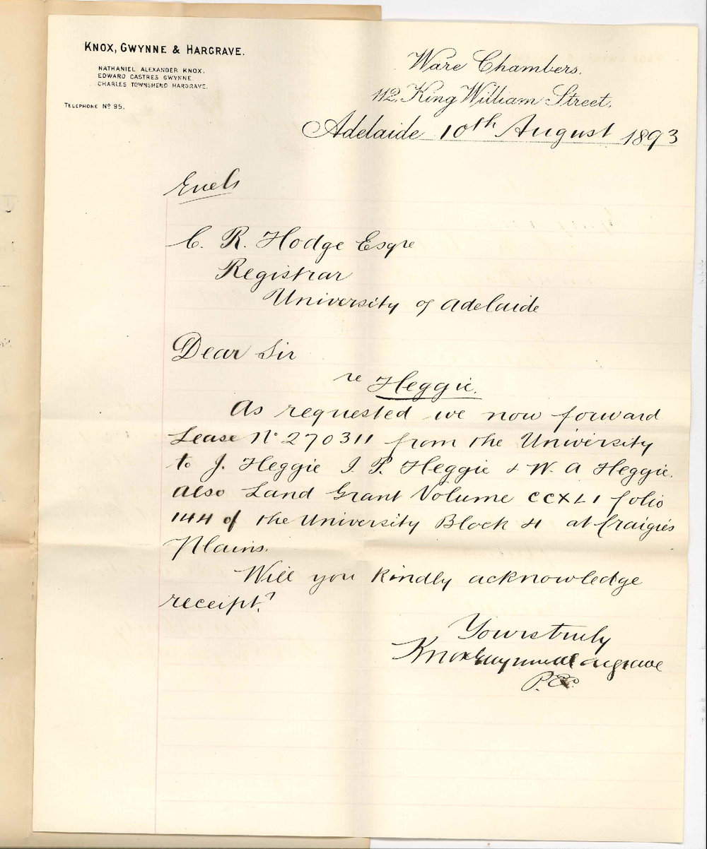 Knox Gwynne and Hargrave - King William Street Adelaide - Forwards Heggies Lease at Craigies Plains for Perusal