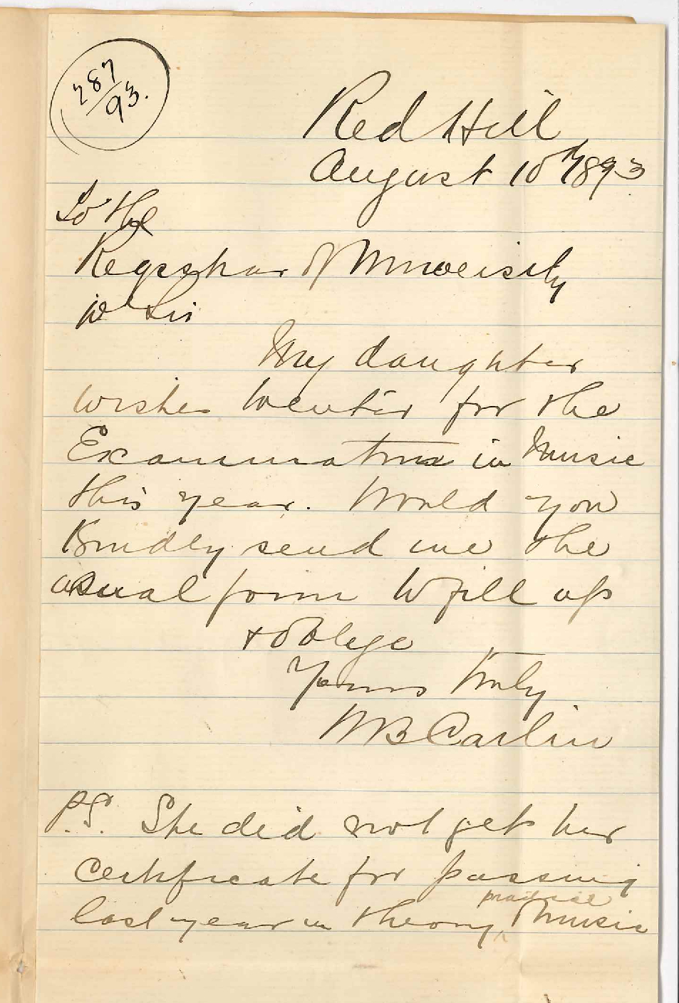 W B Carlin - Red Hill - Asks for Daughters Music Certificates etc