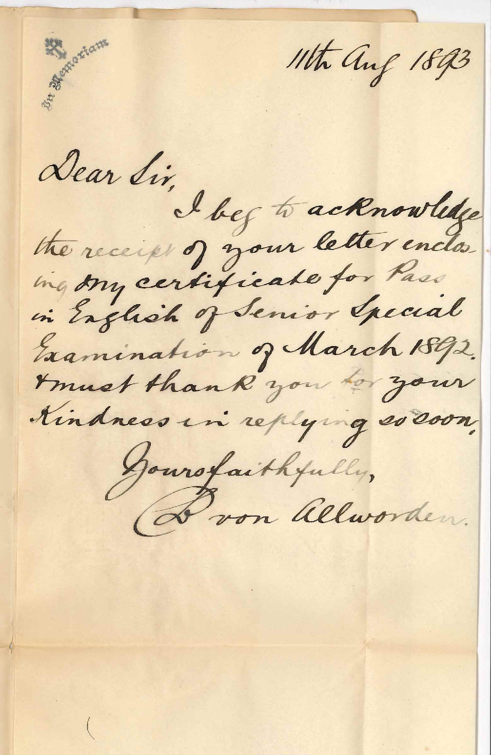 Louis Barthold von Allworden - Adelaide - Acknowledges Receipt of Certificate
