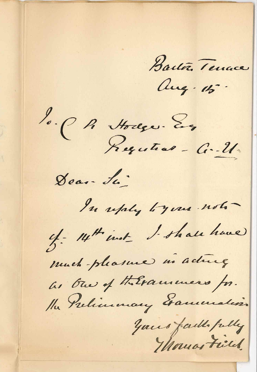 Reverend Thomas Field - Barton Terrace North Adelaide - Will Act as Examiner Preliminary Examination September 1893
