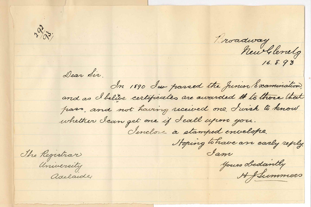 Herbert James Summers - Glenelg - Asking for Certificate of Junior Examination
