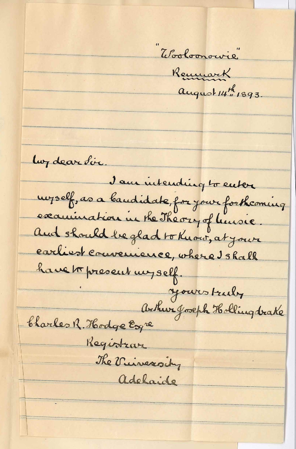 Arthur Joseph Hollingdrake - Renmark - Concerning Entry for Examination in Music