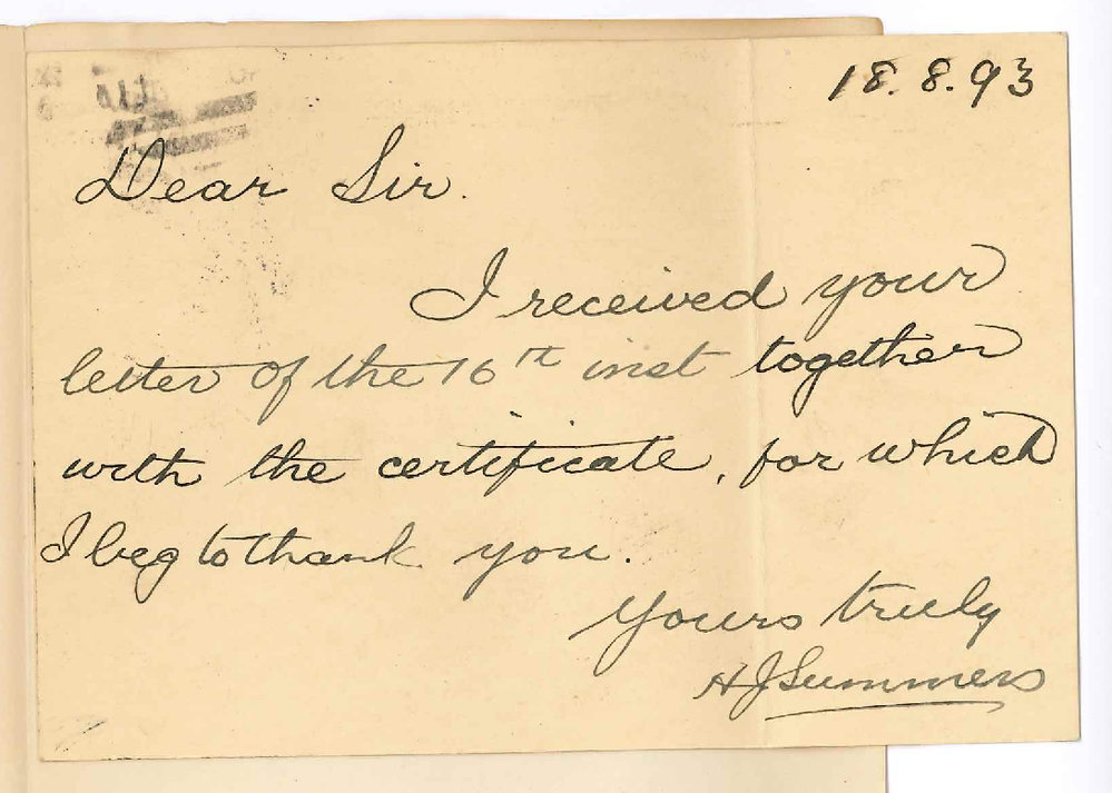 Herbert James Summers - Glenelg - Acknowledging Letter and Certificate