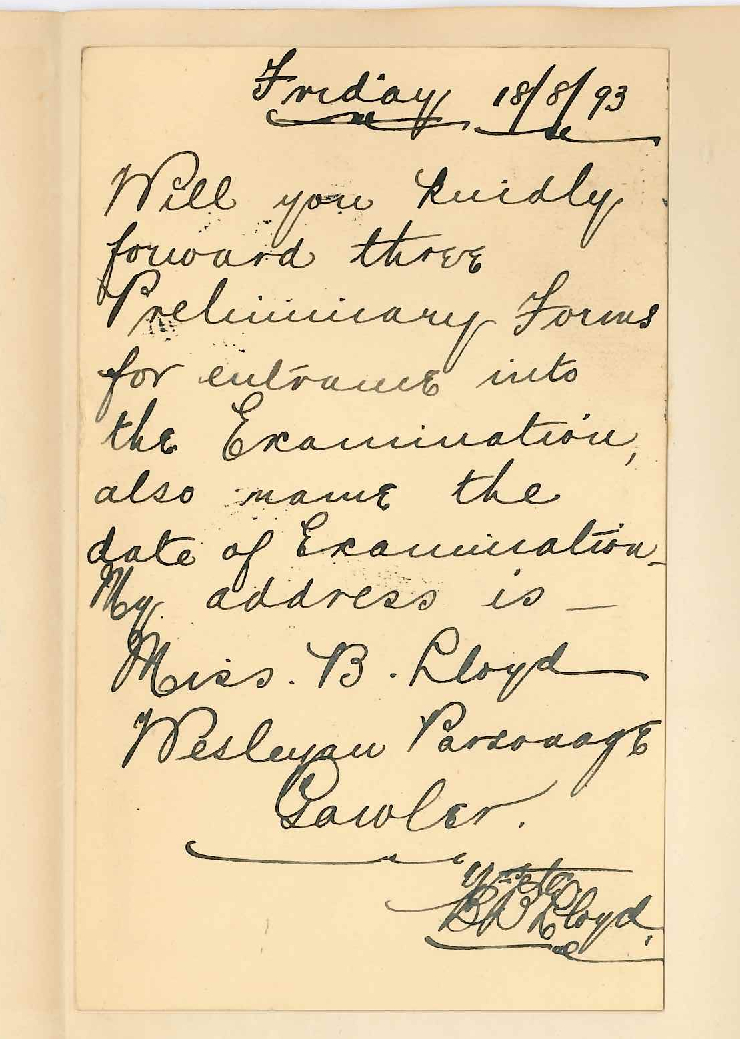 Miss B B Lloyd - Wesleyan Parsonage - Gawler - Forwarding Three Entrance Preliminary Forms - Date of Examination