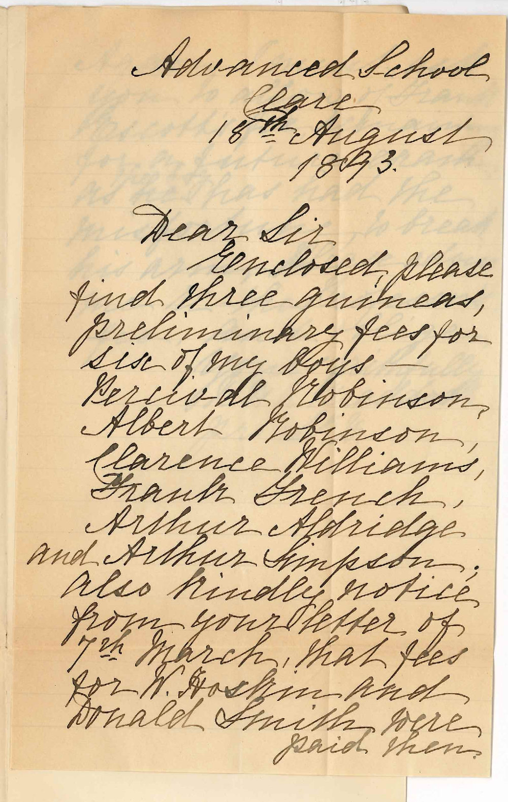 R H A Braddock - Advanced School Clare - Fees for N Hoskin and Donald Smith Paid 7 March - Fee for Frank Escott to Remain for a Future Exam Enclosing &pound;3/3/0
