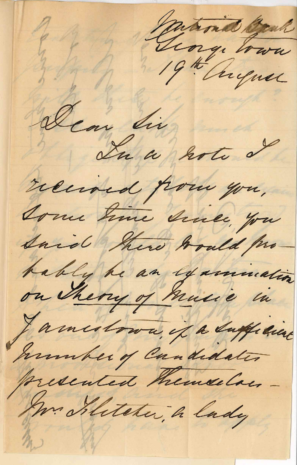 Miss C S Hall - National Bank - Georgetown - Enquiry Regarding Examination Theory of Music Held Jamestown and Number of Candidates Required