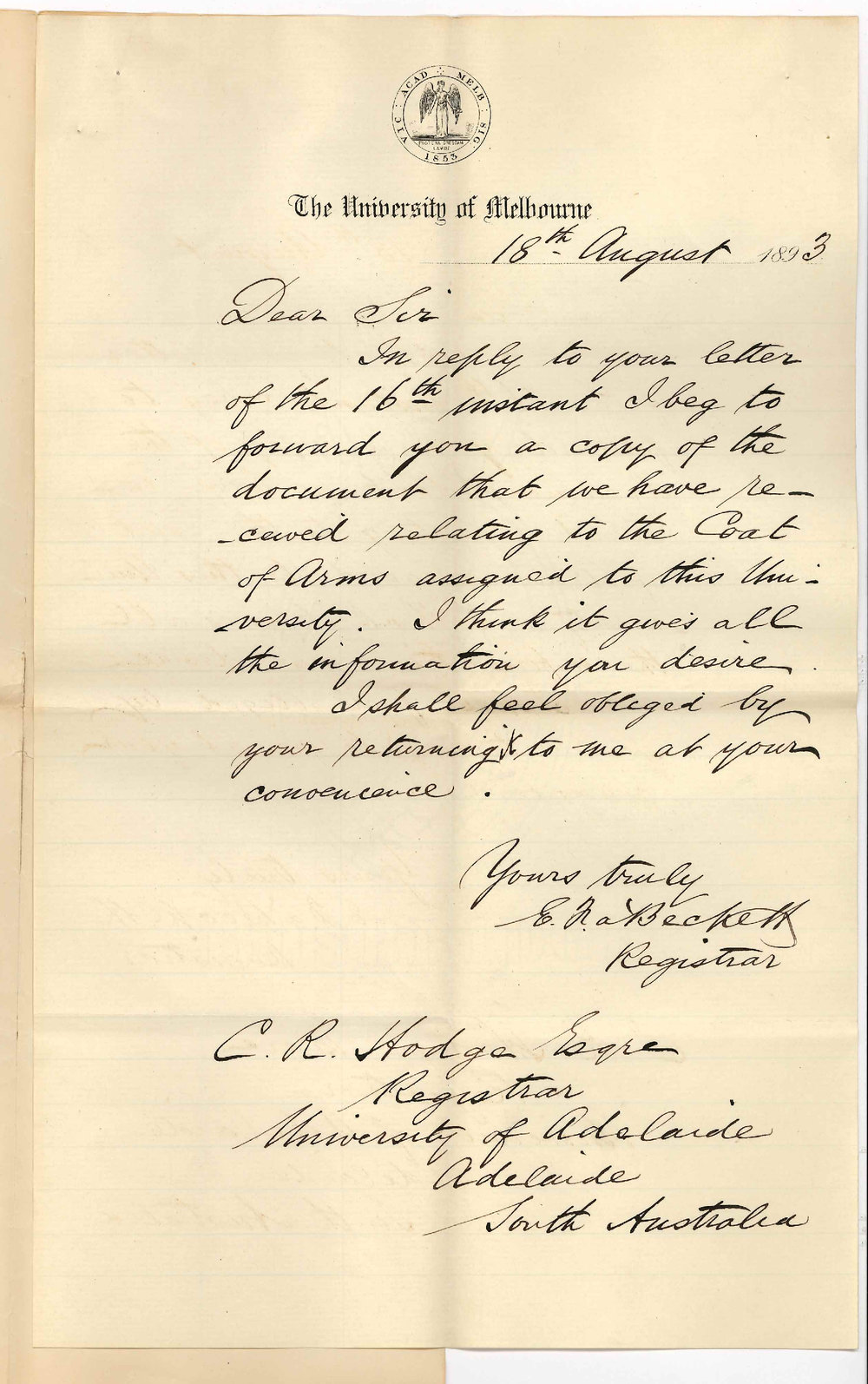 Edward Fitzhaley a'Beckett - Registrar - University of Melbourne - Enclosing Copy of Document Relating to the Coat of Arms Assigned to Melbourne University