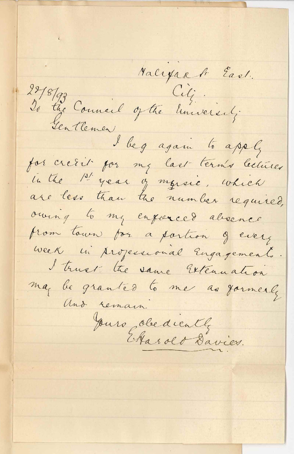 E Harold Davies - Halifax Street East Adelaide - Application for Credit Last Terms Lectures Music Owing to Absence from City