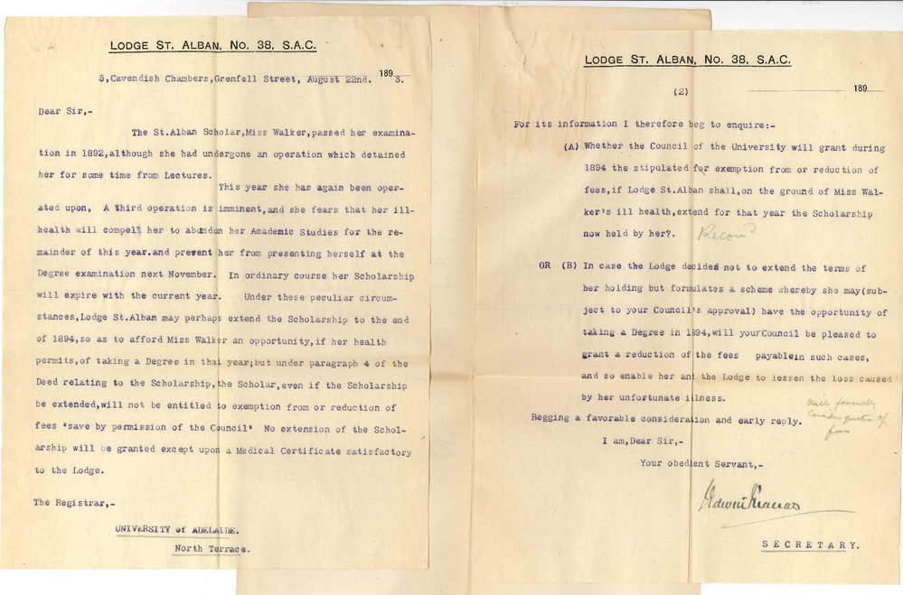 J Edwin Thomas - Secretary - St Albans Lodge - Concerning Miss Walker Scholar and Postponement of Examination