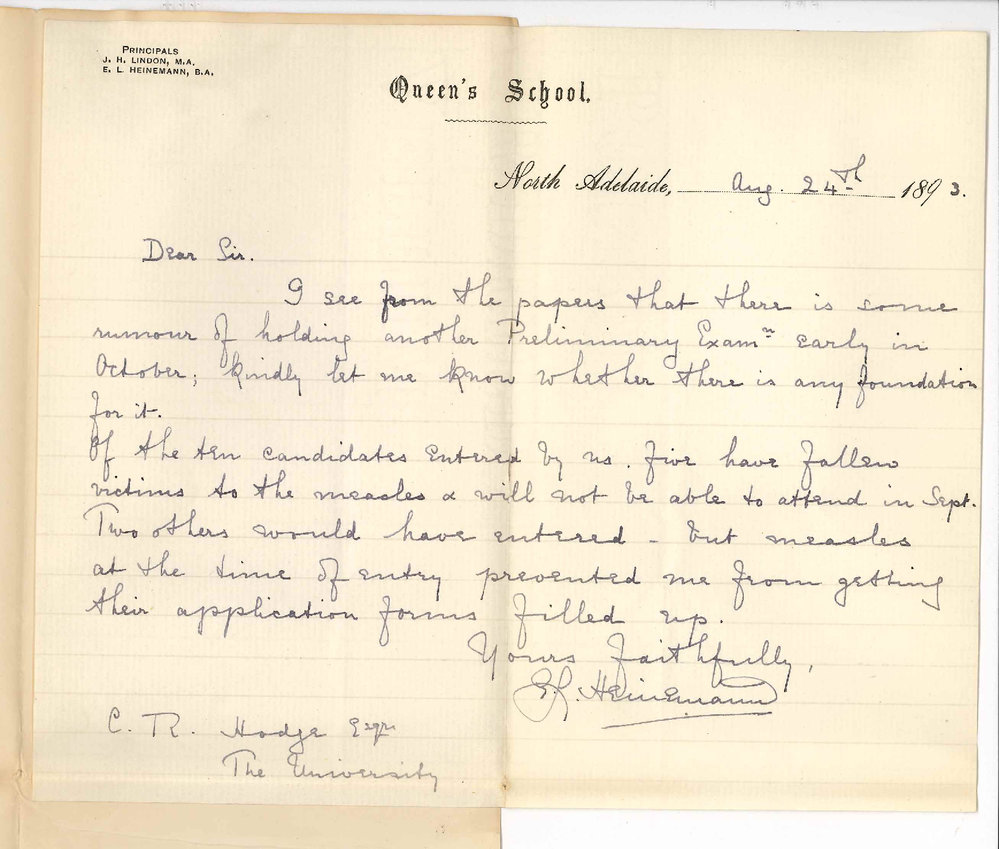 E L Heinemann - Queens School - North Adelaide - Enquiry Regarding Holding Another Preliminary Examination Early in October