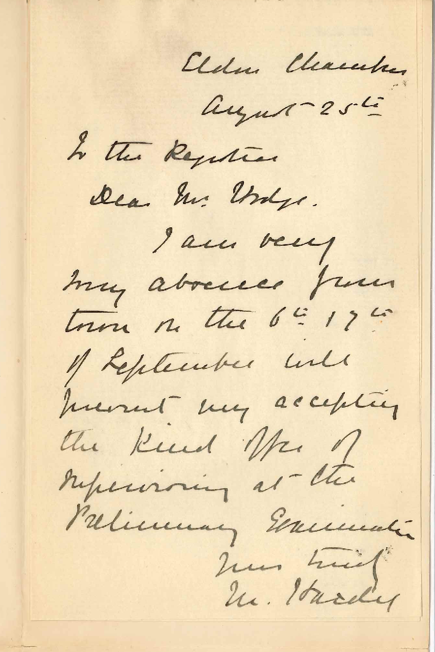 Miss Mabel Hardy - Eldon Chambers - King William Street Adelaide - Cannot Act as Supervisor for Preliminary Exam 6 and 7 September
