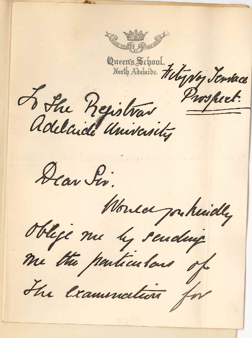 E Wallace Packer - Fitzroy Terrace Prospect - Wanting Particulars of the Elder Scholarship as to Subjects Required for Exam