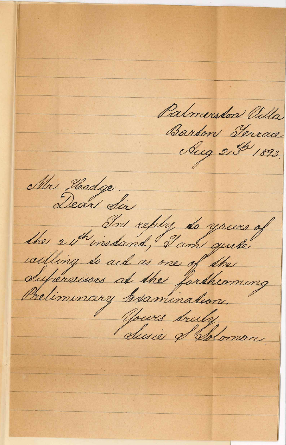 Susie S Solomon - Palmerston Villa Barton Terrace - Willing to Act as One of the Supervisors Preliminary Exam