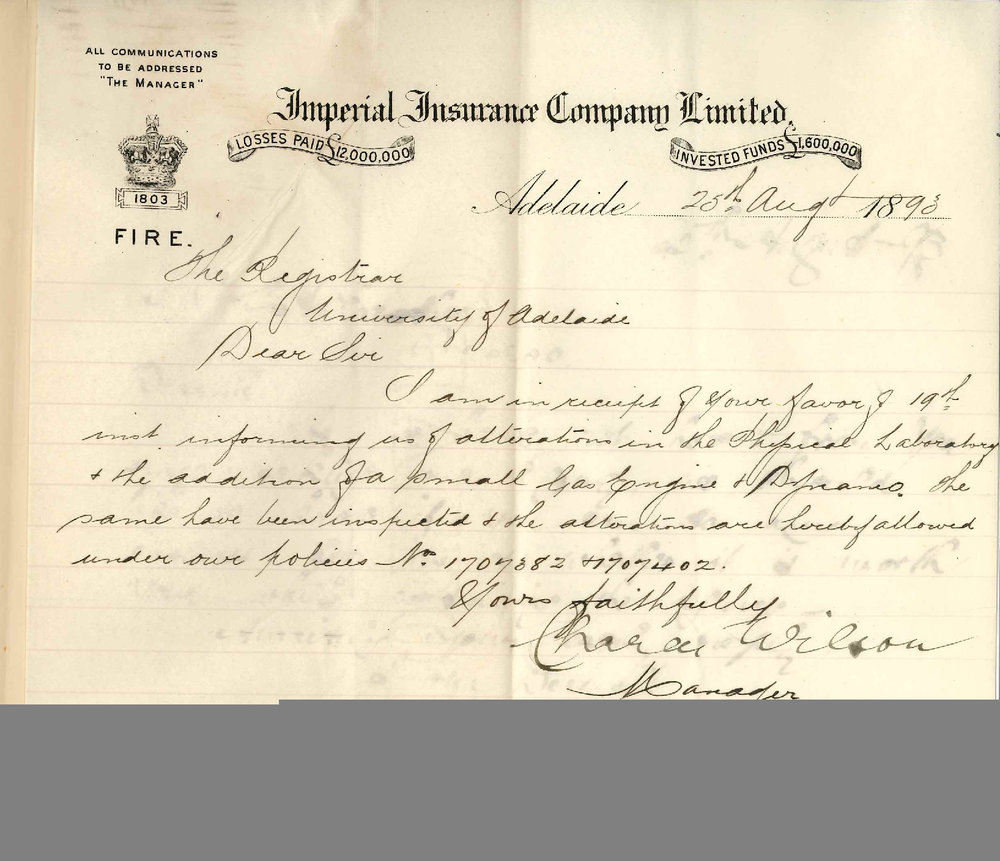 Charles Wilson - Manager - Imperial Insurance Company - Adelaide - Acknowledging Favour of 19 Instant Regarding Gas Engine and Dynamos Alterations Have Been Allowed Under Policies 1707382 and 1707402
