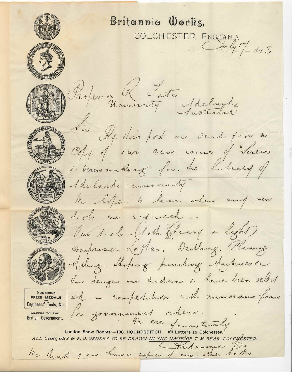 Britannia Company - Colchester England - Sending a Copy of New Issue Screws and Screw Making