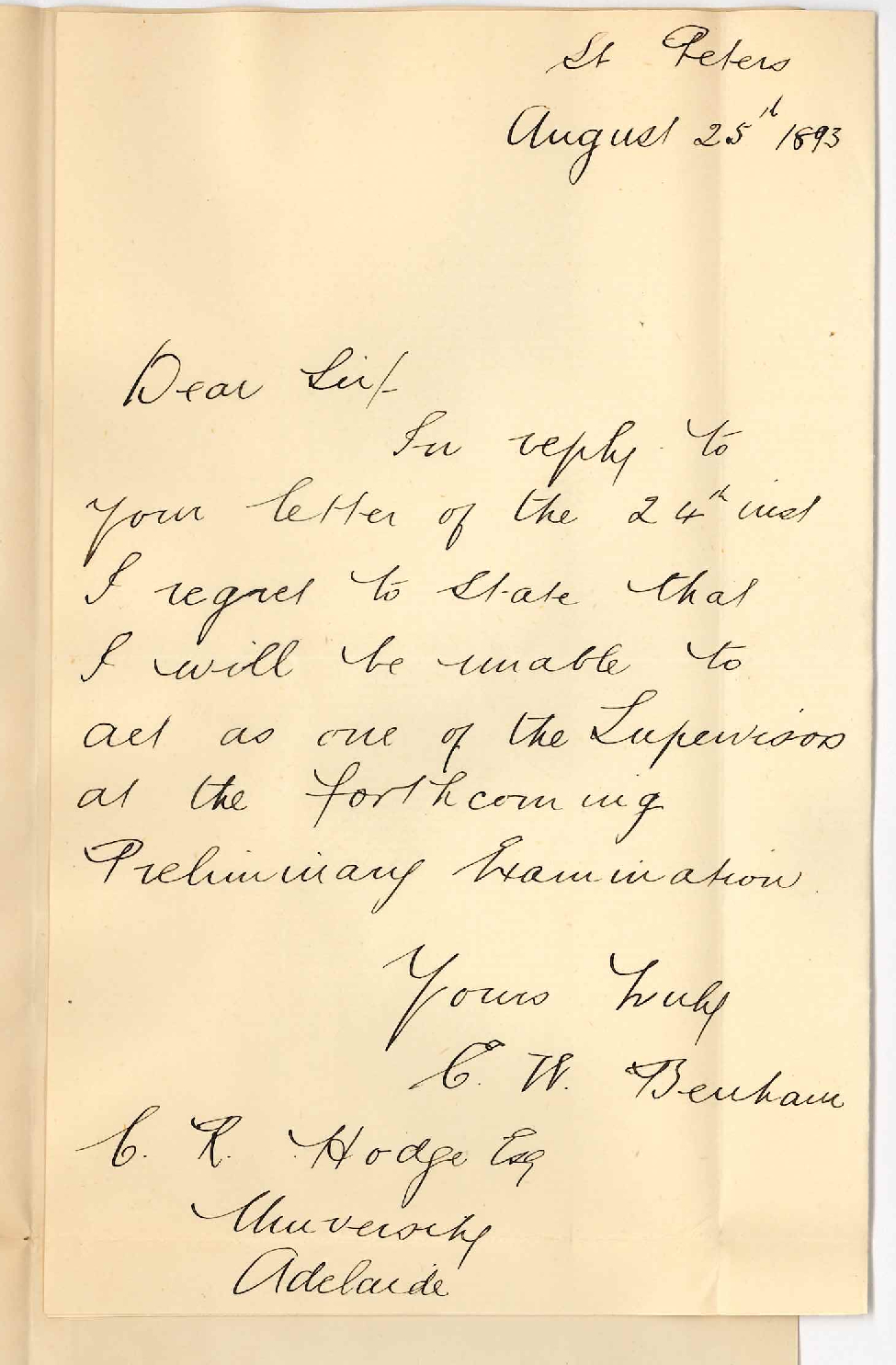 Edward Warner Benham - St Peters - Cannot As as Supervisor Preliminary Exam September 1893