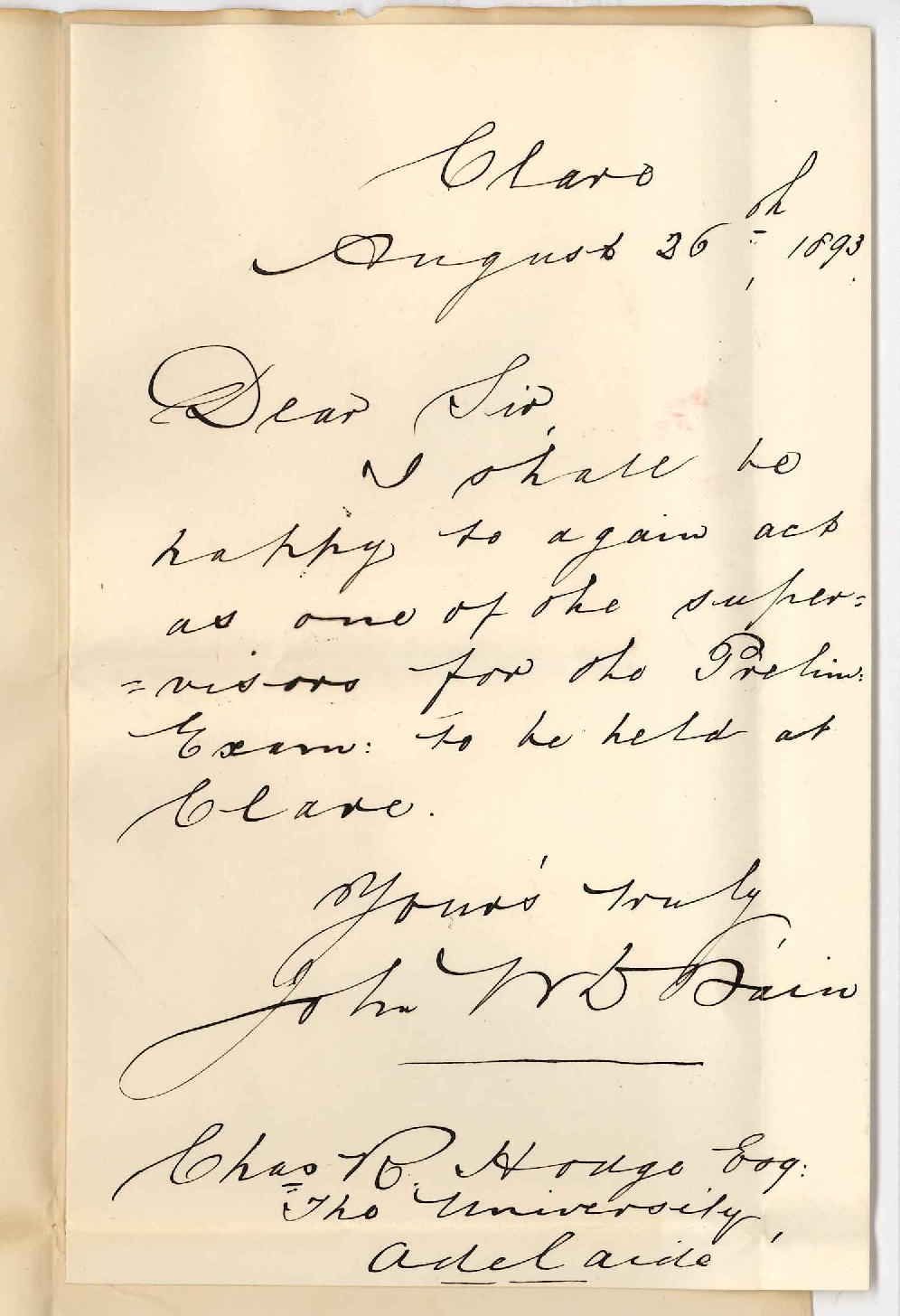 John W D Bain - Clare - Will Act as Supervisor Preliminary Exam September 1893