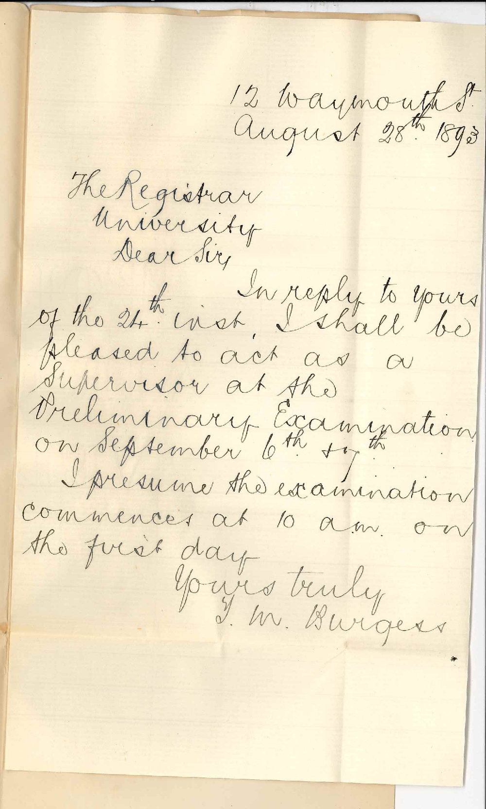 Thomas Martin Burgess - Waymouth Street Adelaide - Will Act as Supervisor Preliminary Exam September 1893