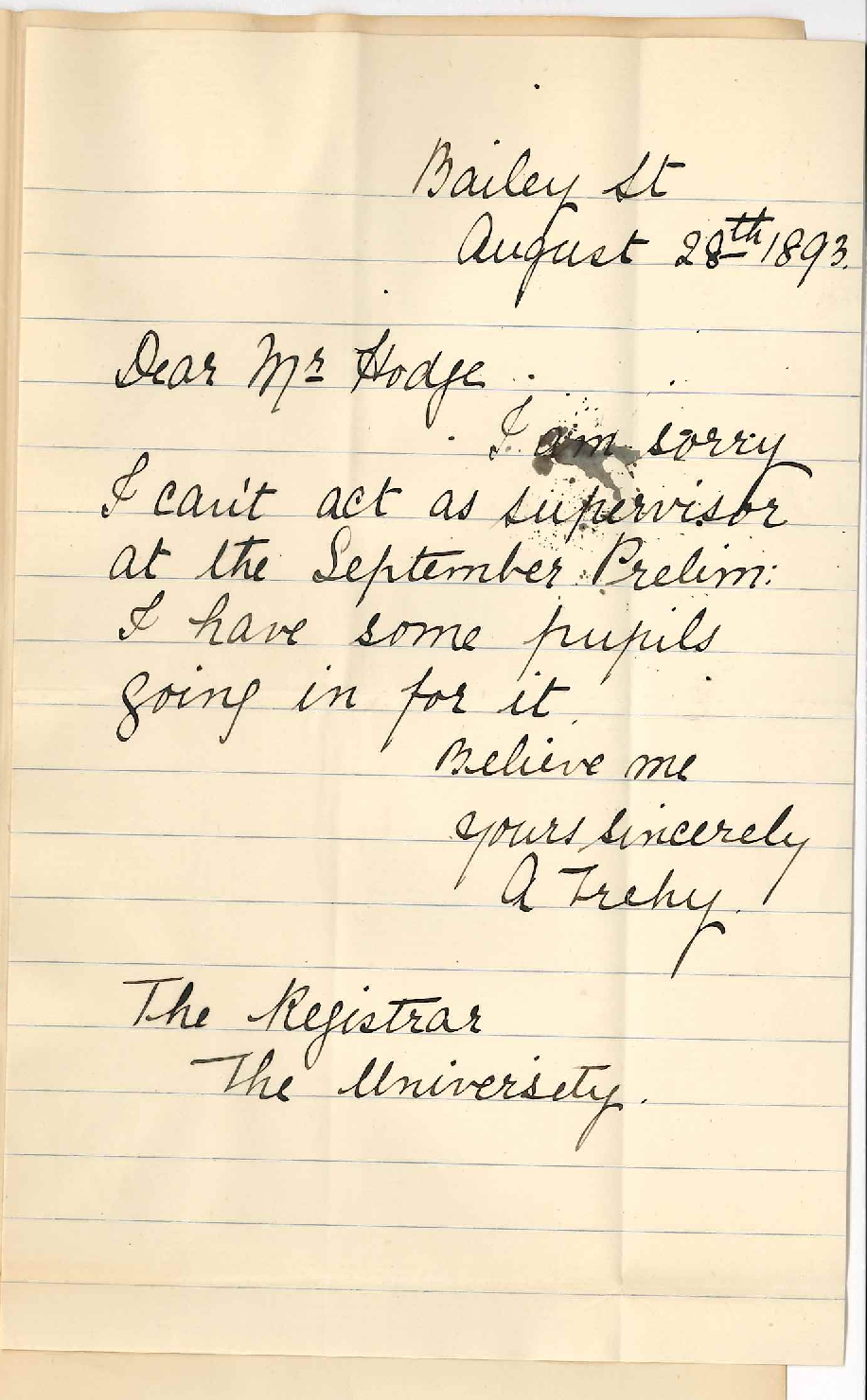 Miss Annie Trehy - Bailey Street Adelaide - Cannot Act as Supervisor Preliminary Exam September 1893 as Pupils Presenting