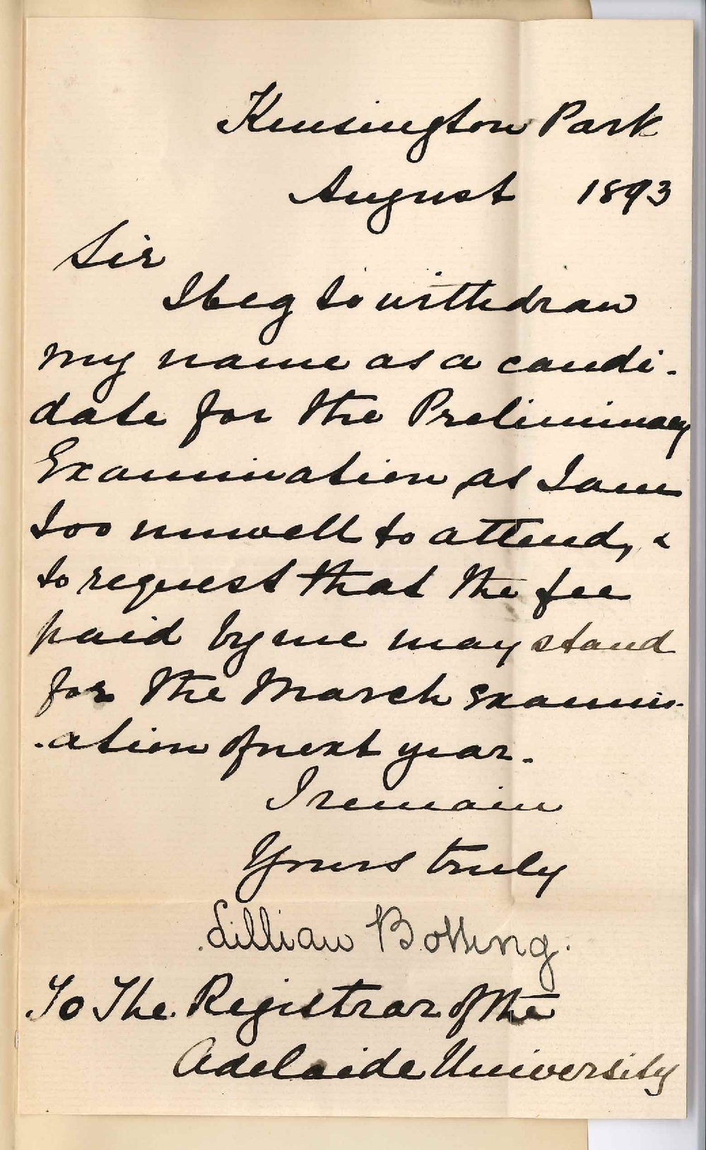 Miss Lillian Botting - Kensington Park - Withdraws from Preliminary Exam September 1893 - Requests Fee Paid Stand in Credit for March Exam 1894
