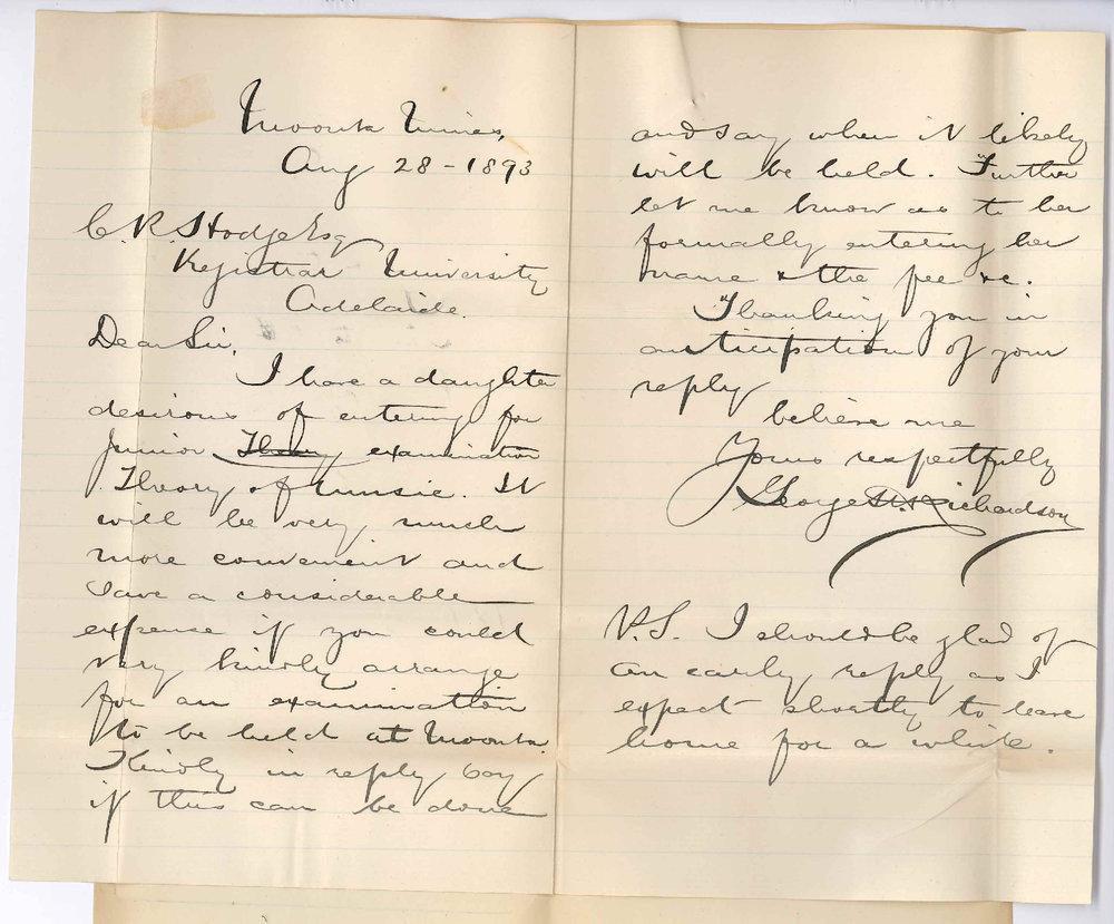 George H Richardson - Moonta Mines - Requests Local Exam in Theory of Music be Held at Moonta for One Candidate