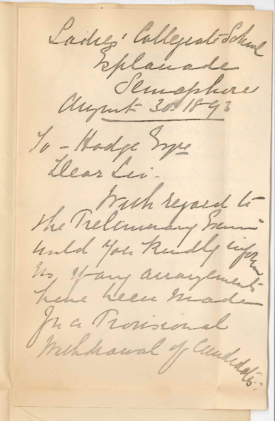 Miss Jessie E Caterer - Ladies Collegiate School - Semaphore - Provisional Names of Candidates Withdrawn from Preliminary Examination