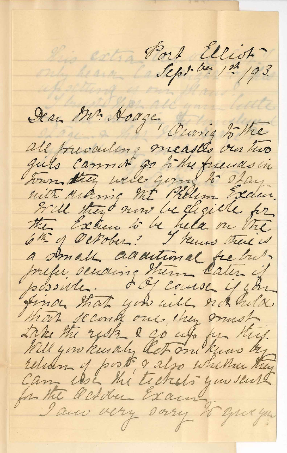 Mrs Clara J Howie - Port Elliot - Withdraws Candidates Preliminary Examination