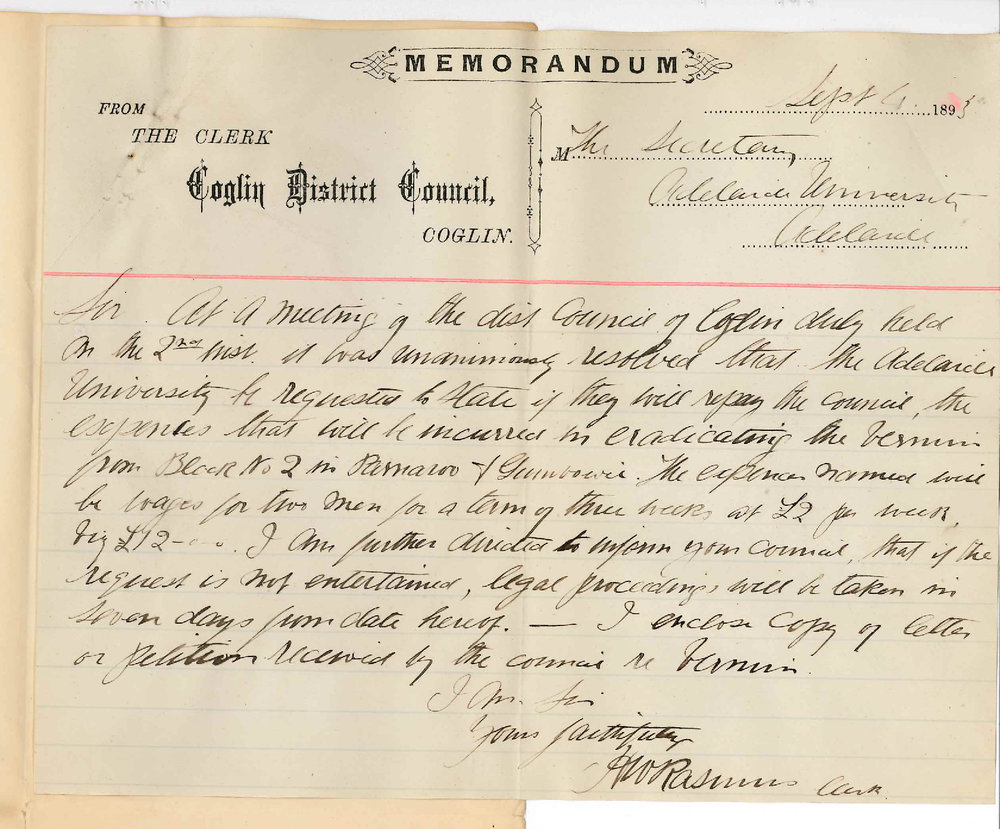H W Rasmus - Clerk - Coglin District Council - Regarding Rabbits on Parnaroo Lands - Notice to Clear Same Within Seven Days