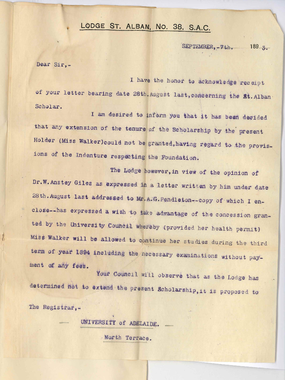 J Edwin Thomas - Lodge St Alban - Grenfell Street Adelaide - Regarding Illness of St Alban Scholar Miss Walker