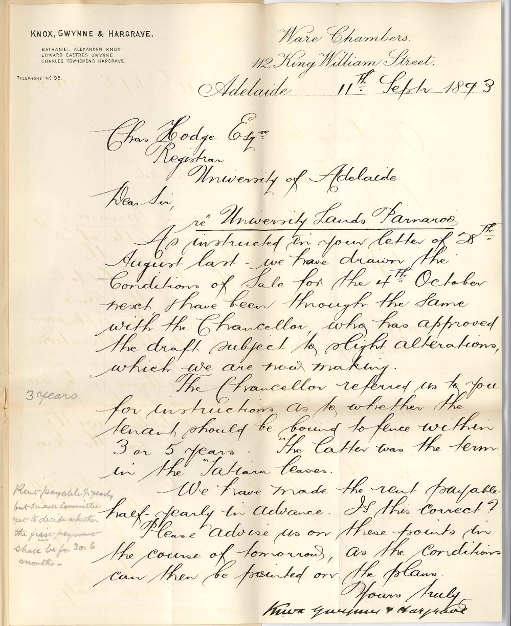 Knox Gwynne and Hargrave - King William Street Adelaide - Regarding University Lands Parnaroo Leases for Same - Regarding Conditions for Same