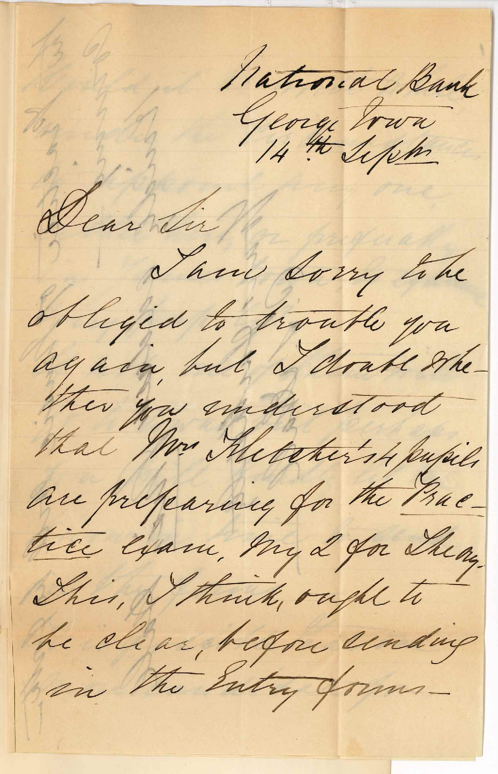 Miss C S Hall - National Bank - Georgetown - Regarding Musical Exams and Local Exam at Georgetown
